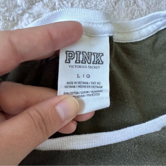 Victoria's Secret PINK | Olive & Tropical Print Logo Crew Neck Tee | Size Large - Picture 5 of 8